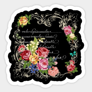 Victorian roses, butterflies in French scroll frames, with French script in background. Sticker